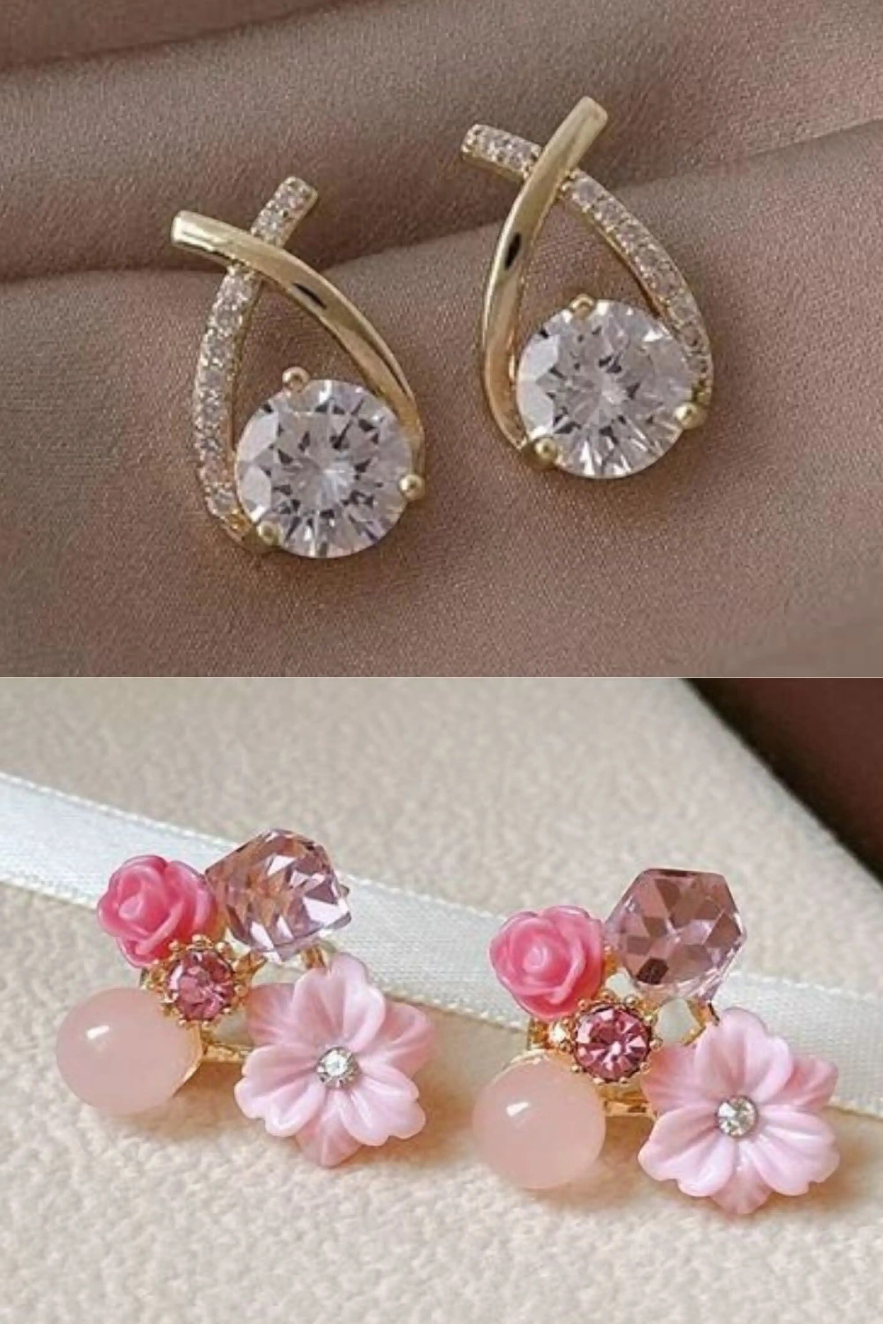 dazzle21 Korean designer earring set featuring gold crystal drop earrings and pink floral rhinestone stud earrings