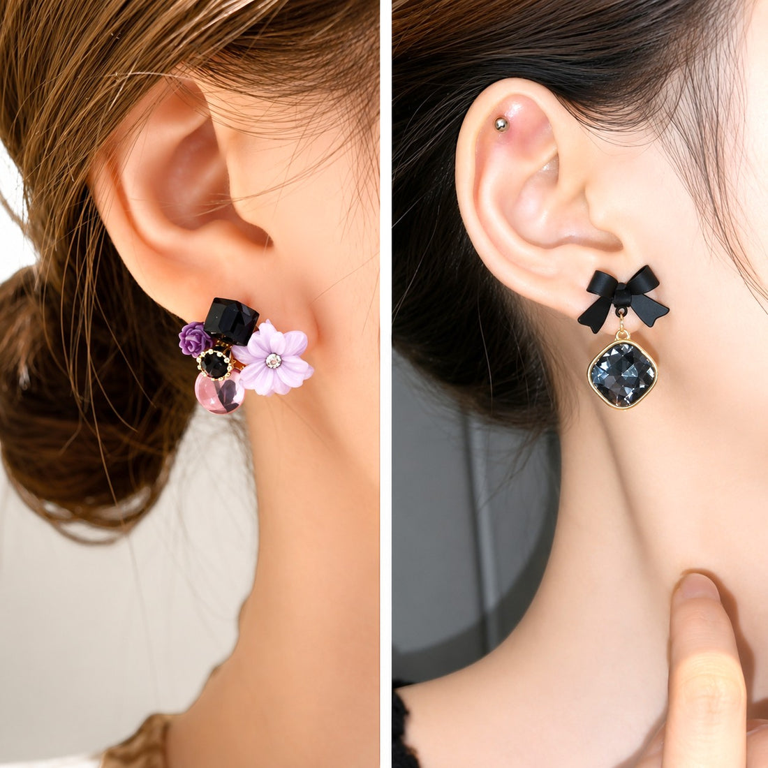 dazzle21 combo of two Korean style earrings featuring purple floral crystal studs and black bow rhinestone drops
