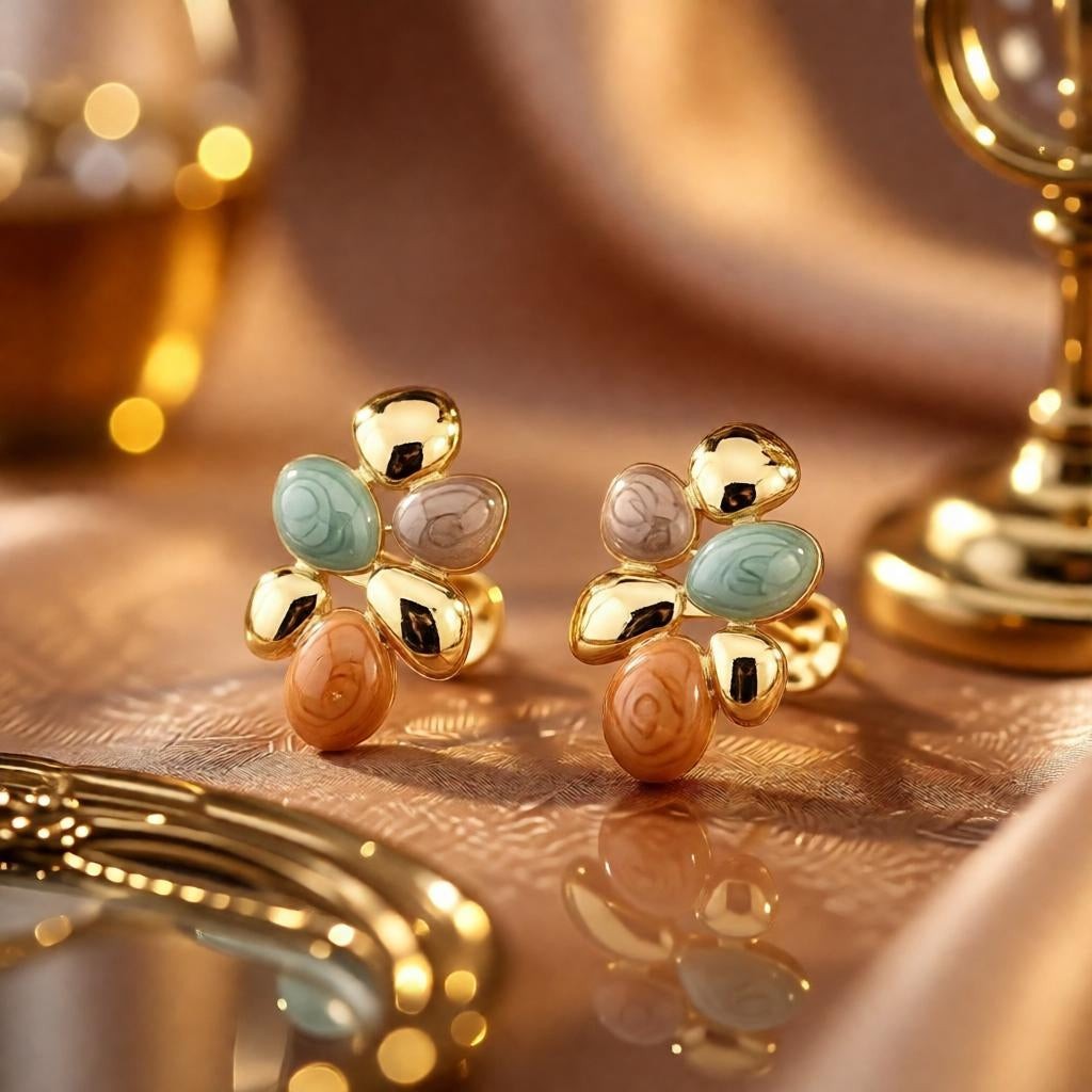dazzle21 modern pebble cluster stud earrings with pastel marbled resin stones and polished gold accents