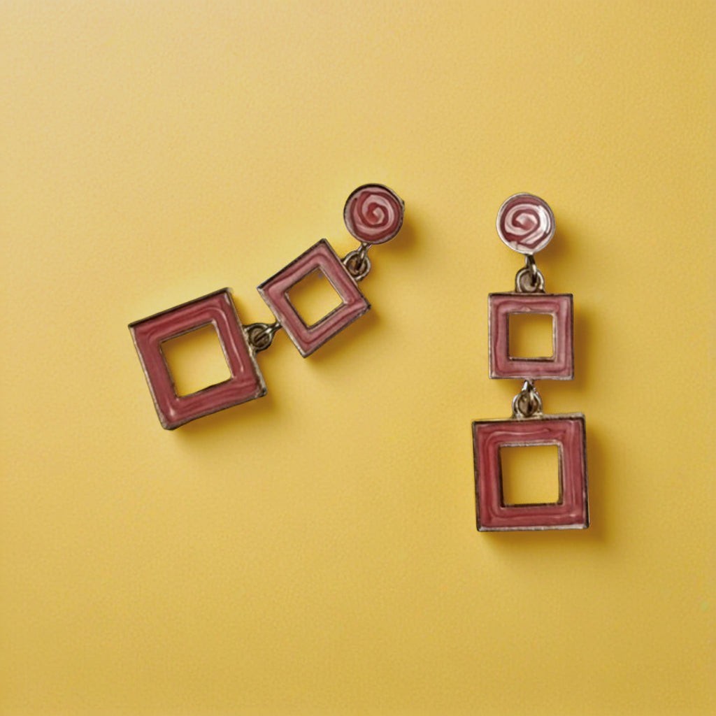 dazzle21 geometric square drop earrings featuring a mauve enamel double-square design on a yellow background