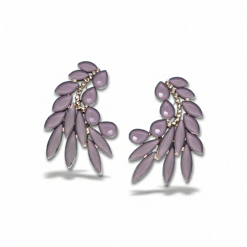 dazzle21 statement stud earrings featuring mauve leaf-shaped stones and crystal accents in a golden-tone setting