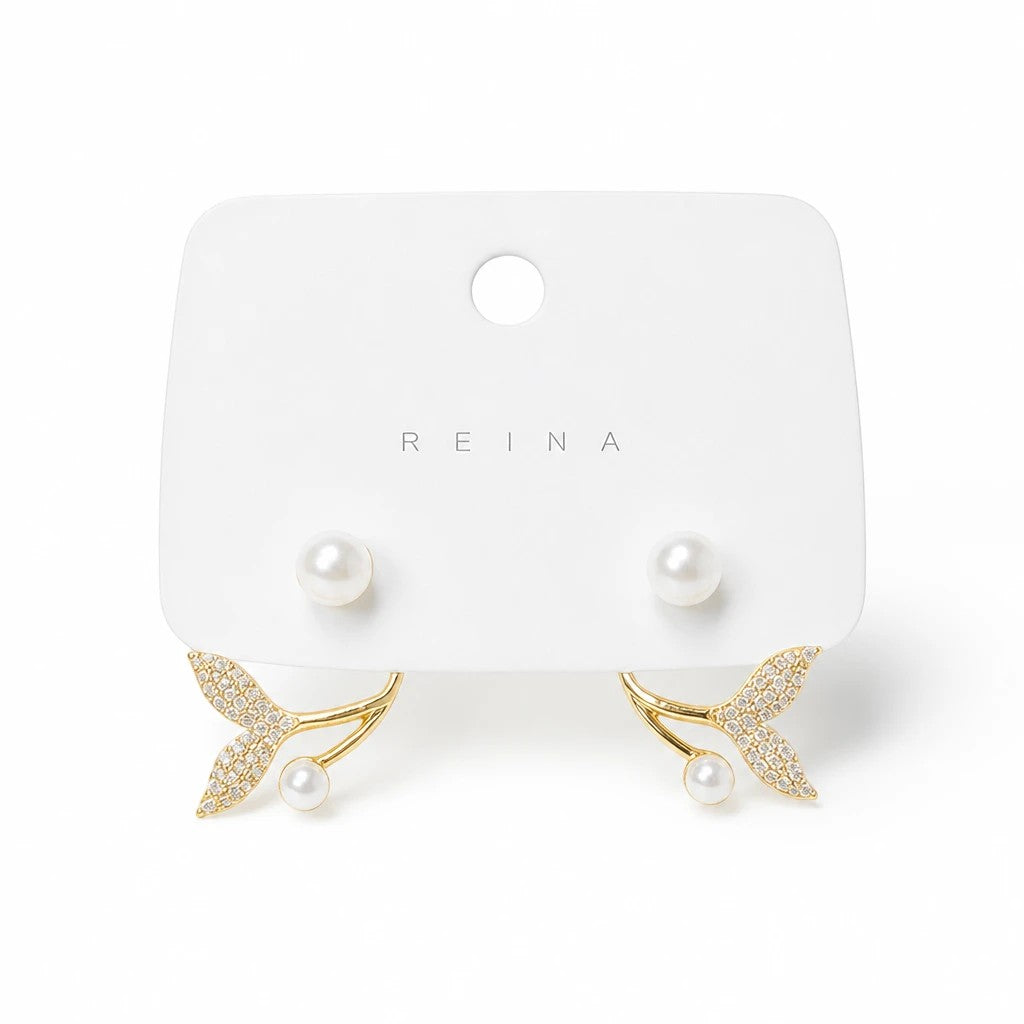 dazzle21 gold-tone alloy stud earrings featuring a crystal-encrusted mermaid tail design with lustrous white pearls.