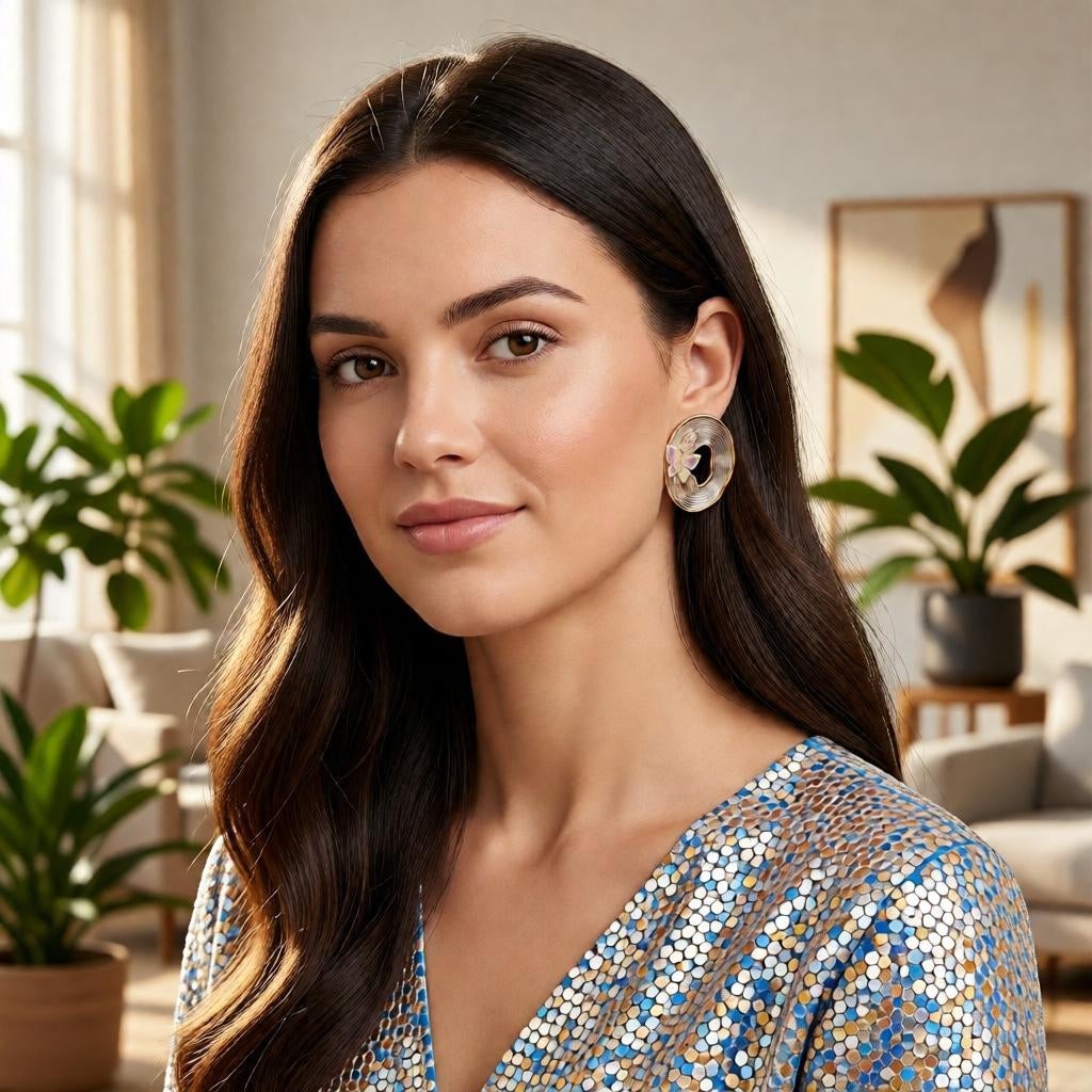 dazzle21 oval stud earrings with iridescent butterfly petals and gold-tone frame worn by a woman in a patterned top