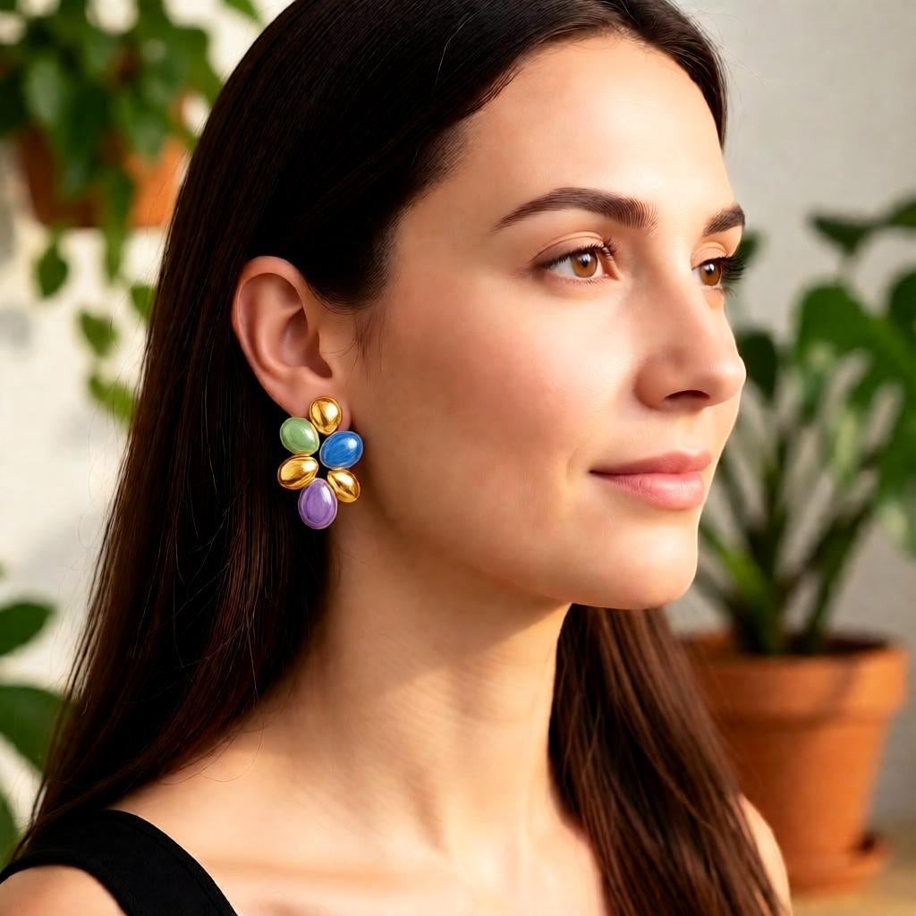dazzle21 modern cluster stud earrings with pastel enamel pebble stones and gold accents worn by a woman