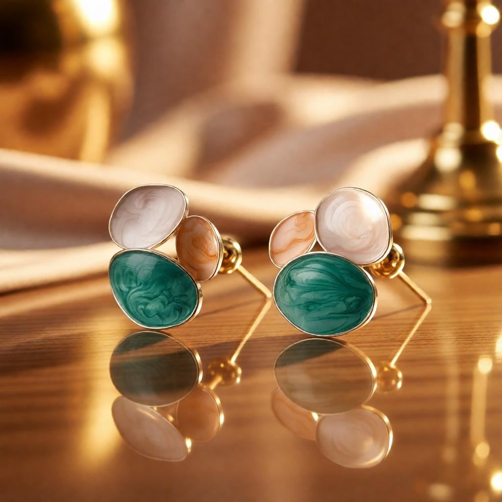 dazzle21 pastel statement earrings with blue, mint, and lavender marble resin swirls on a reflective surface
