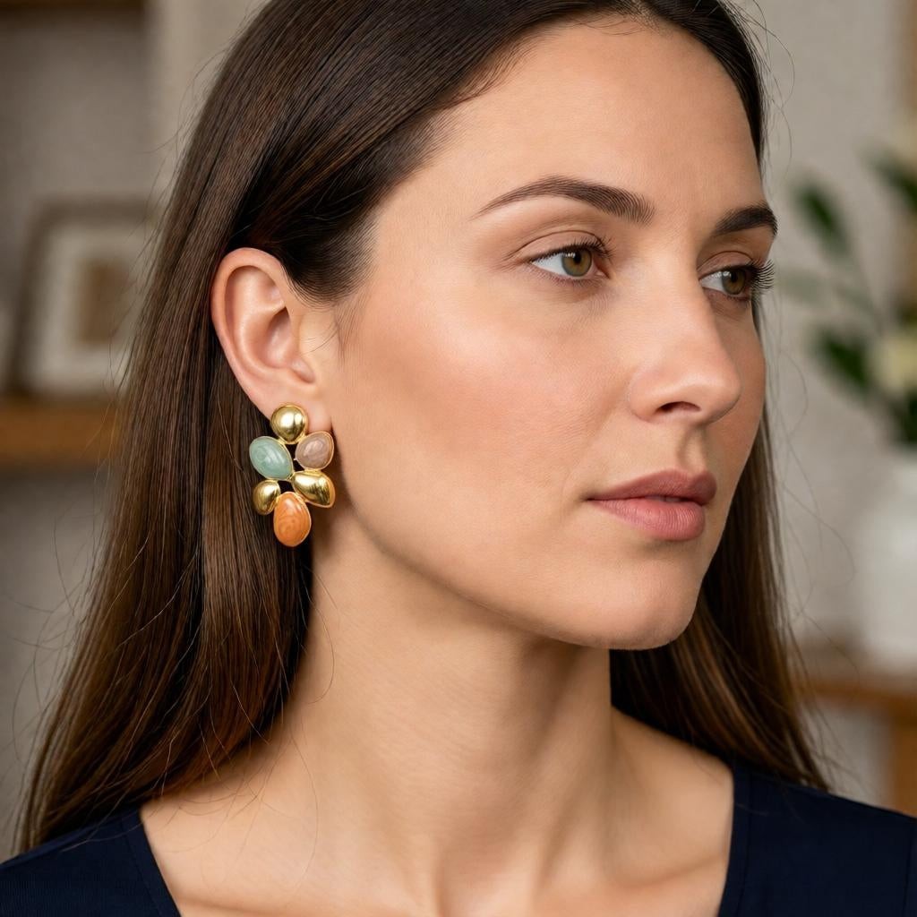 dazzle21 modern pebble cluster earrings with pastel enamel stones and gold accents worn by a woman