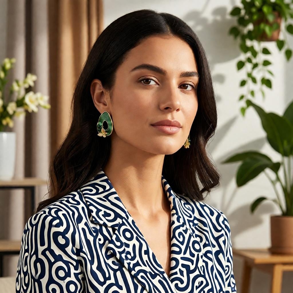 Model wearing dazzle21 pear-shaped ribbed teardrop earrings with green enamel, gold butterfly, and pearl accents.