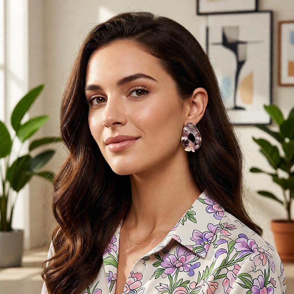 dazzle21 pear-shaped ribbed teardrop earrings with pearl accents worn by a woman in a floral blouse