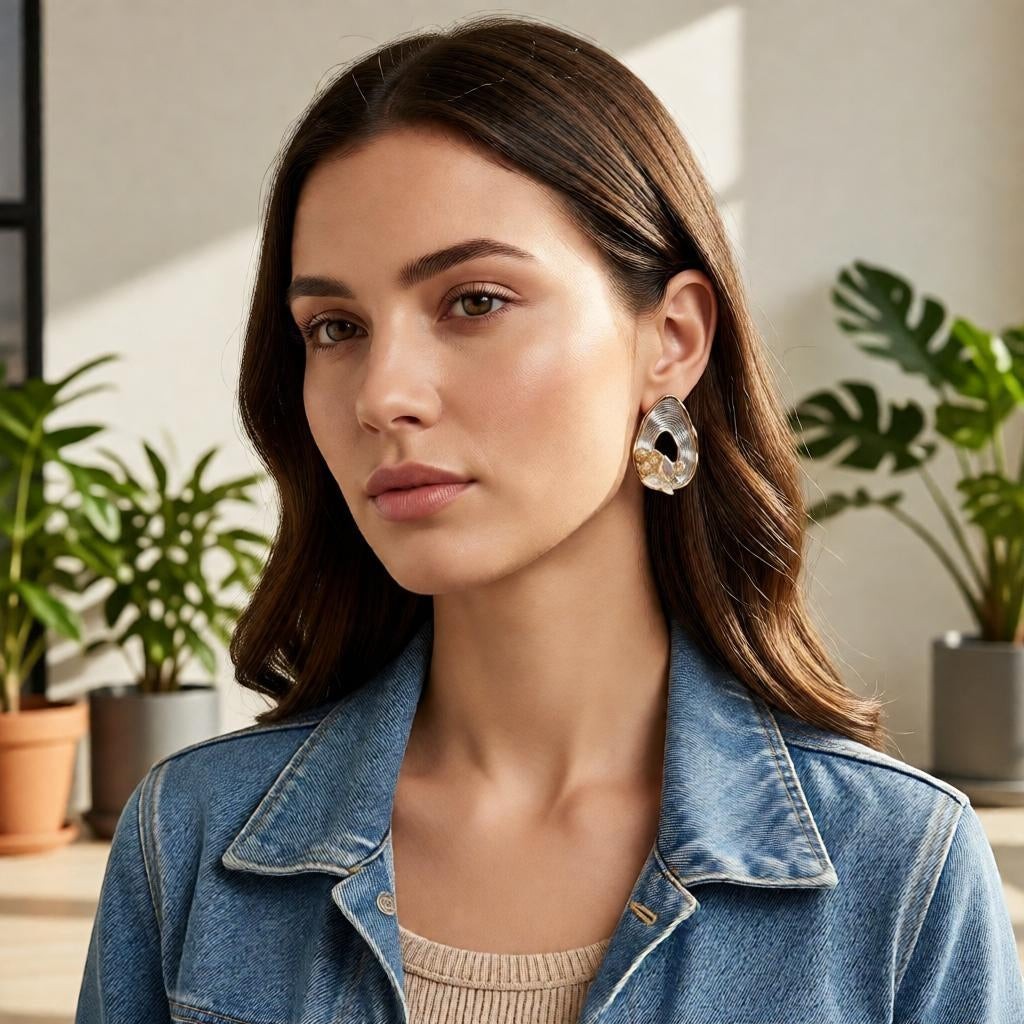 dazzle21 pear-shaped ribbed gold frame earrings with pearl accents worn by a woman in a denim jacket