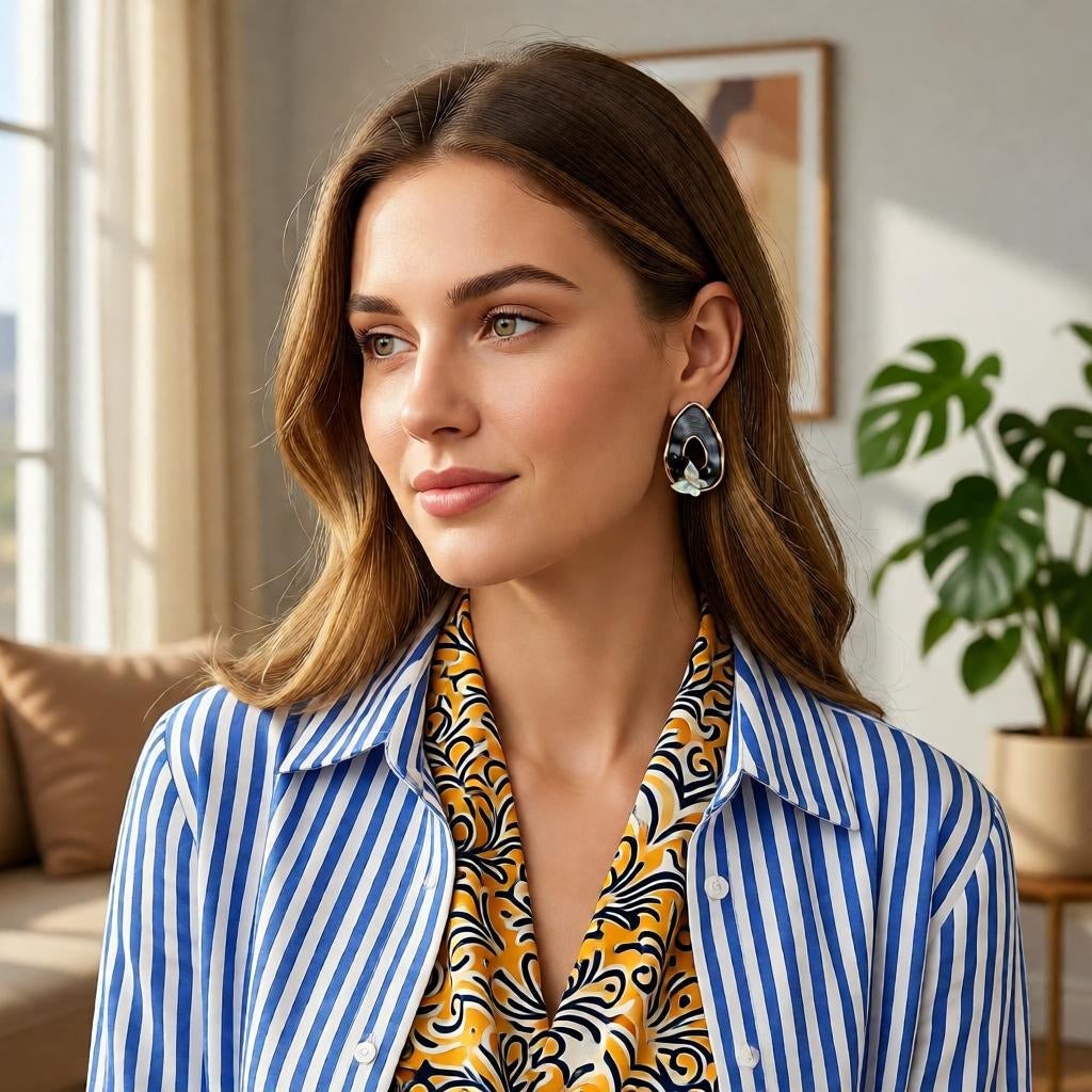 dazzle21 pear-shaped ribbed teardrop earrings with pearl and butterfly accents worn by a woman in a striped shirt