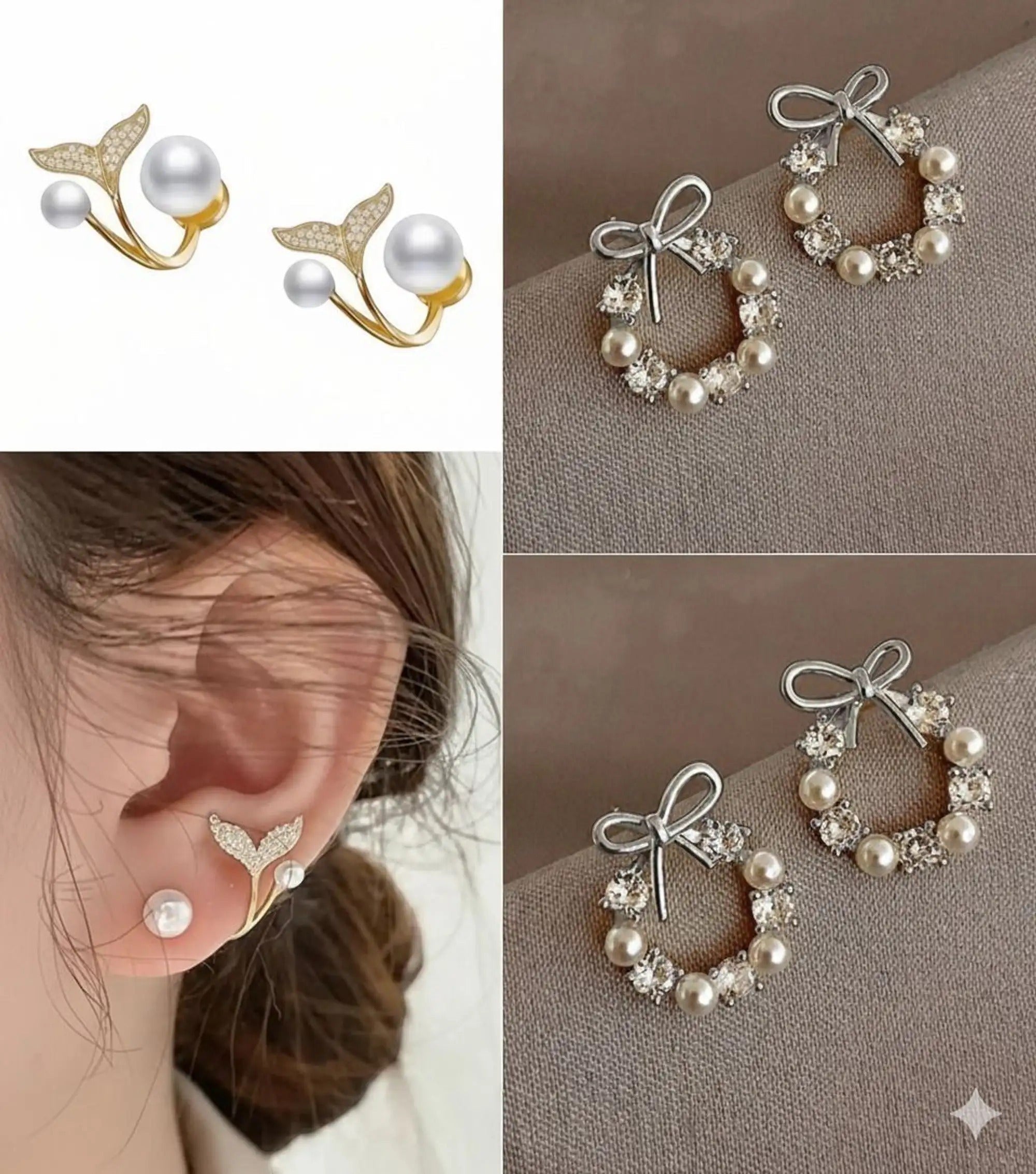 dazzle21 set of two elegant stud earrings featuring gold-tone whale tail pearl designs and silver-tone bow wreaths