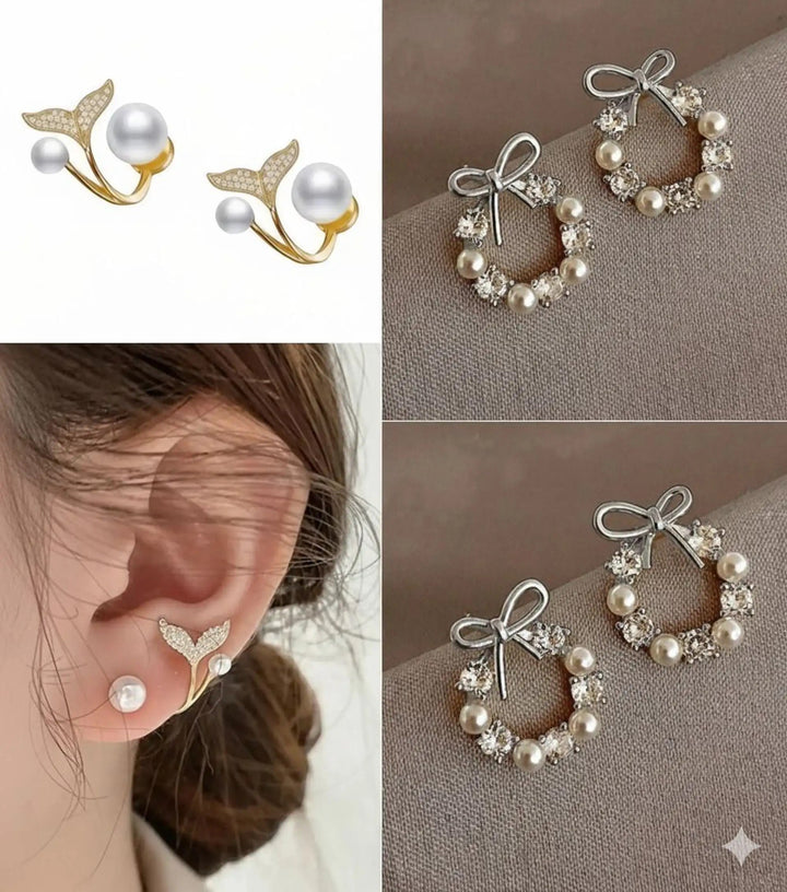 dazzle21 set of two elegant stud earrings featuring gold-tone whale tail pearl designs and silver-tone bow wreaths