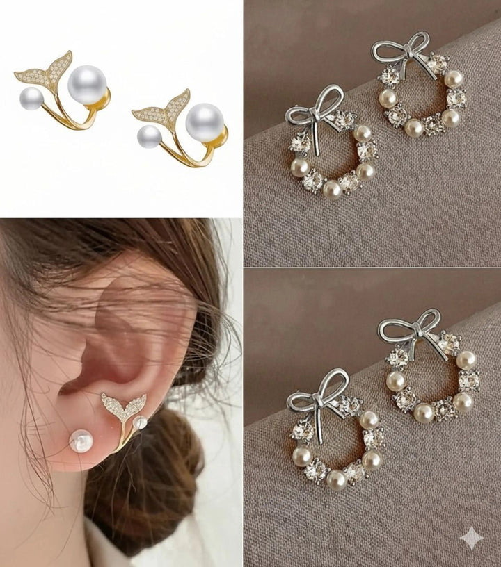 dazzle21 set of two alloy stud earrings featuring pearl and crystal mermaid tail and bow wreath designs for women
