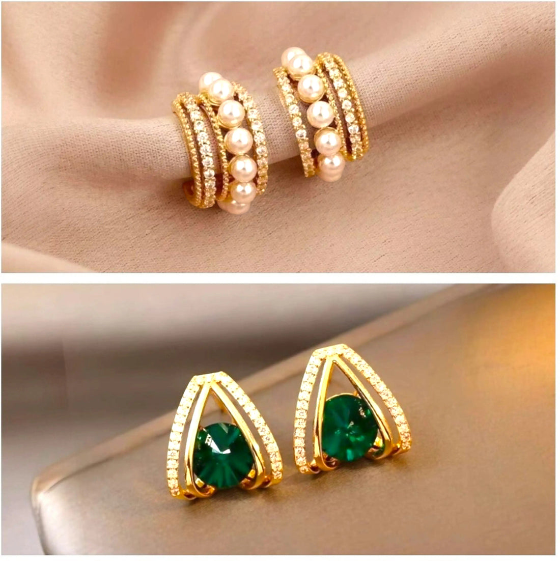dazzle21 gold-tone earring set featuring pearl-encrusted half hoops and triangular studs with green crystal stones