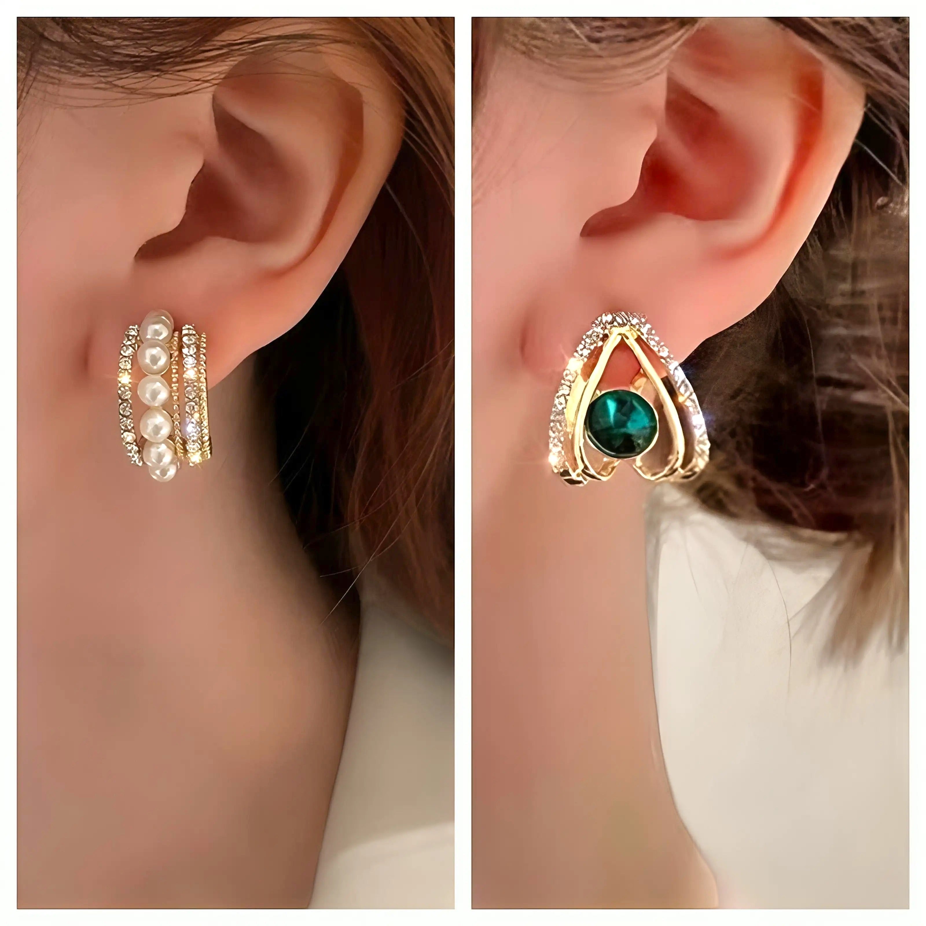 dazzle21 set of two gold-tone statement earrings featuring pearl-encrusted hoops and a crystal-accented green stone stud