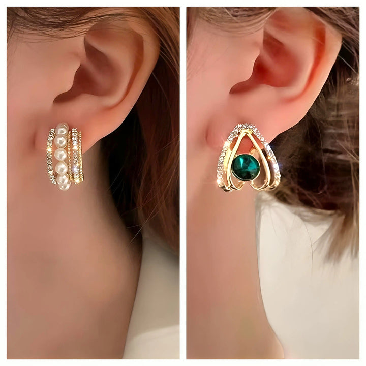 dazzle21 set of two gold-tone statement earrings featuring pearl-encrusted hoops and a crystal-accented green stone stud