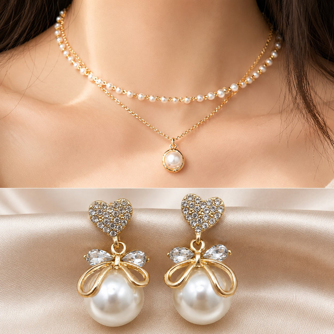 dazzle21 gold-tone pearl necklace with pendant and matching heart-shaped crystal bow pearl earrings