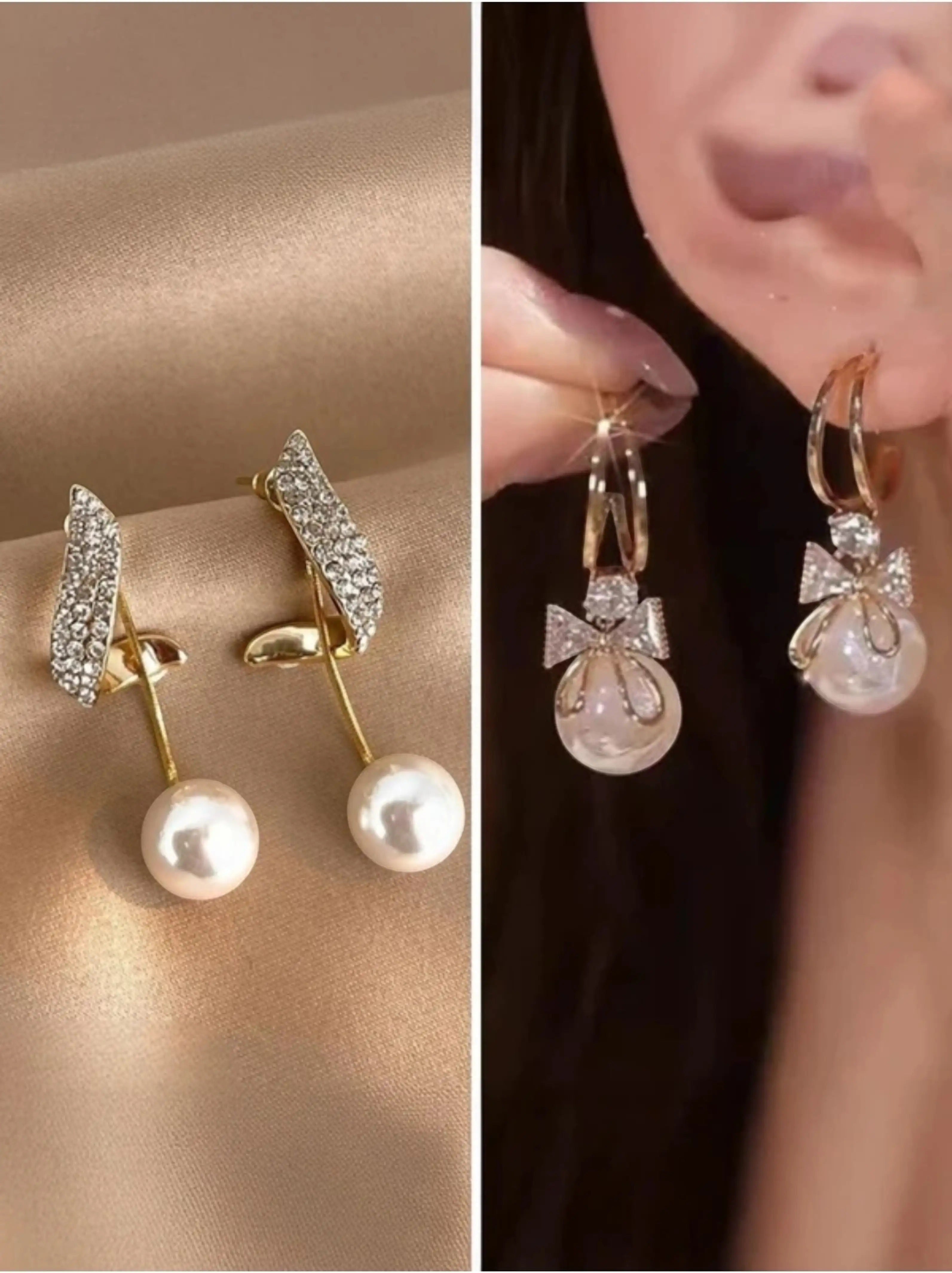 dazzle21 set of two elegant Korean-style alloy earrings featuring zircon crystals, pearl drops, and bow accents.