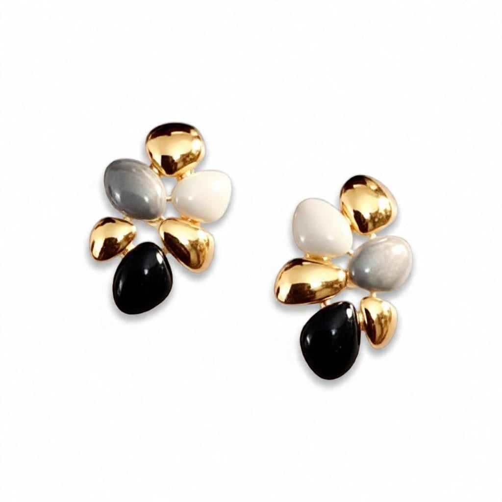 dazzle21 modern pebble cluster stud earrings with black, white, grey enamel stones and high-shine gold accents