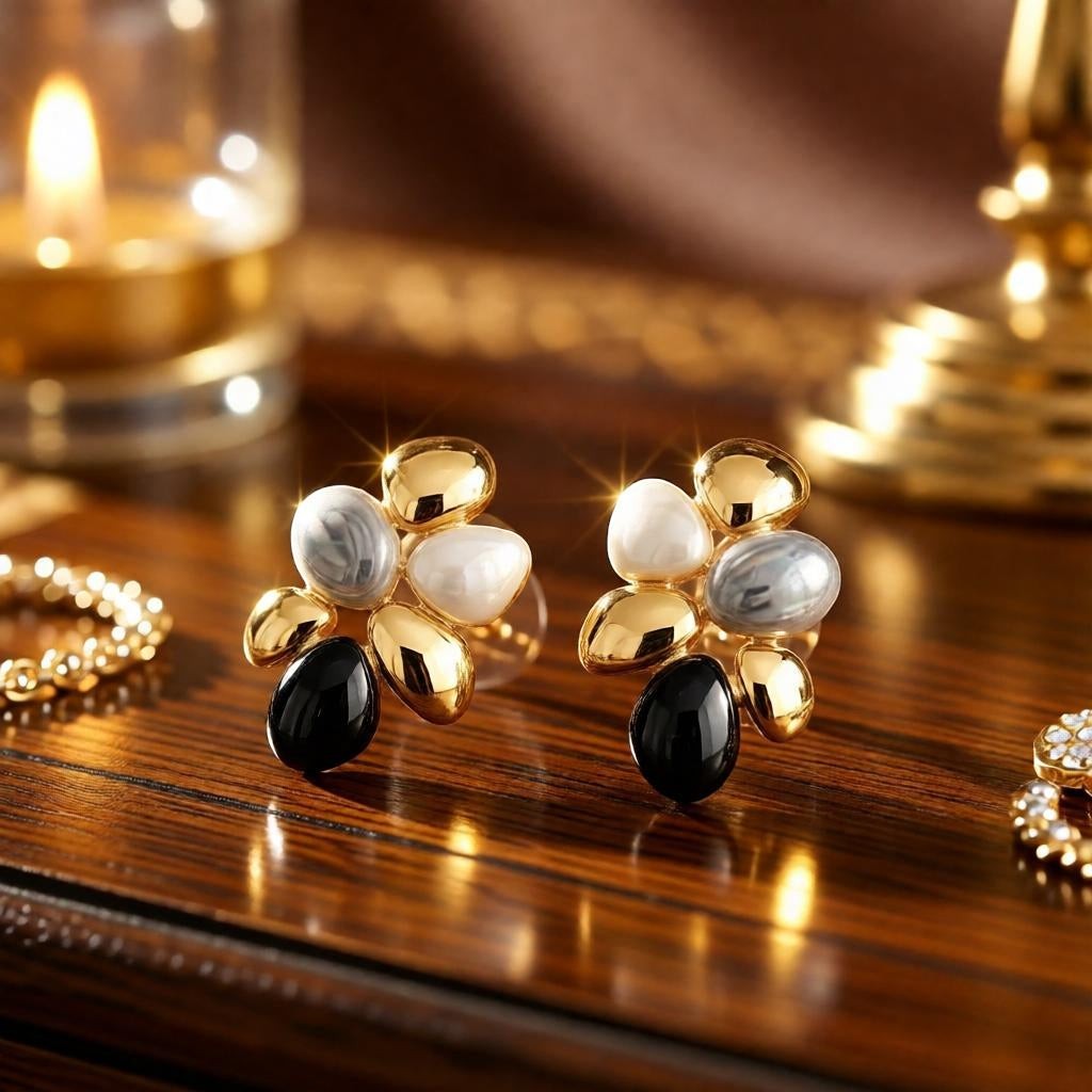 dazzle21 modern pebble cluster stud earrings with gold accents, white marbled resin, and black stones on wood table.