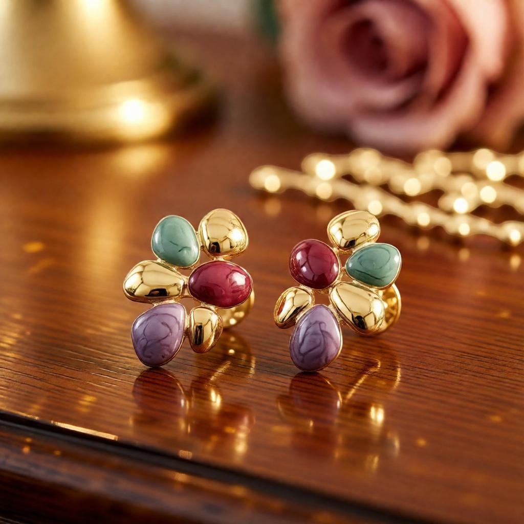 dazzle21 modern pebble cluster stud earrings with pastel marbled resin stones and polished gold accents