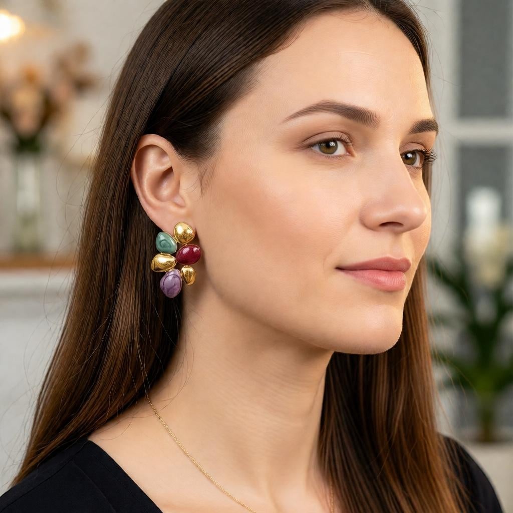 dazzle21 modern pebble cluster stud earrings with pastel enamel stones and gold accents worn by a woman