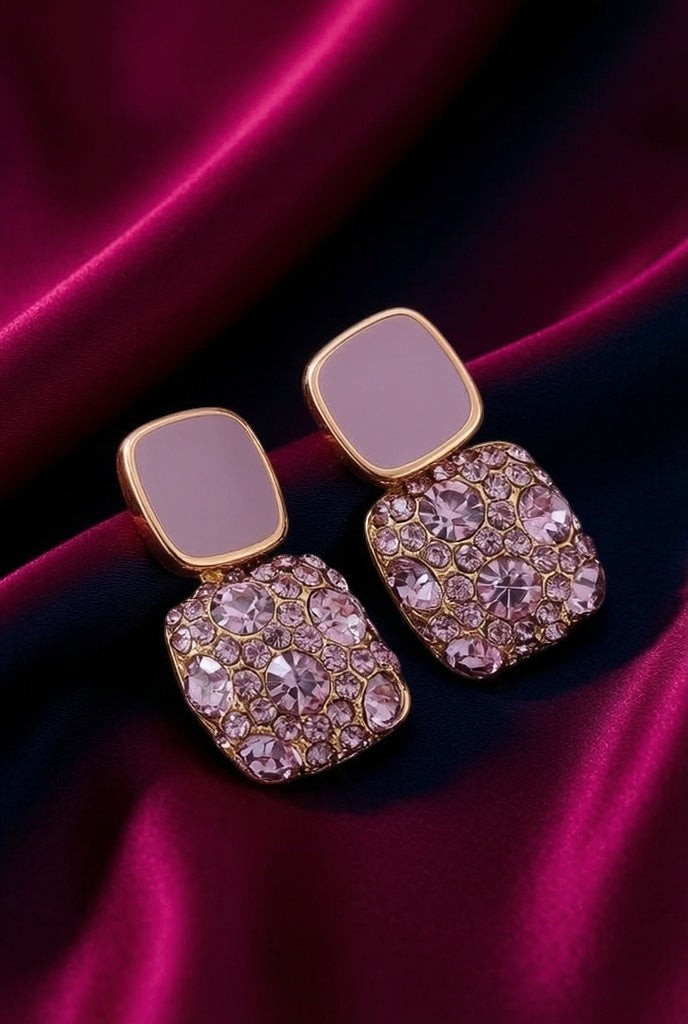 dazzle21 Korean style square drop earrings featuring pink cubic zirconia stones and gold-tone alloy settings