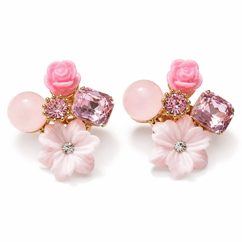 dazzle21 Korean designer stud earrings featuring pink floral accents, crystal stones, and smooth beads in a pair