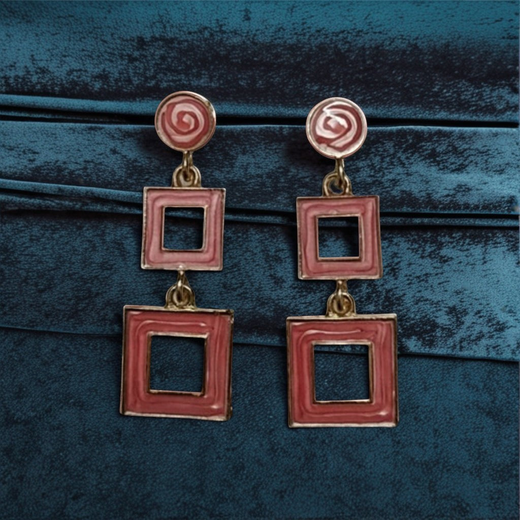 dazzle21 modern geometric square drop earrings in dusty pink enamel with a chic double-square pattern