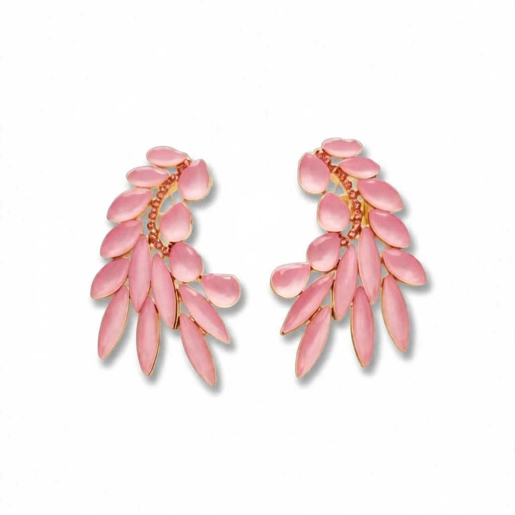 dazzle21 golden stud earrings featuring pink leaf-shaped stones in a cascading statement design