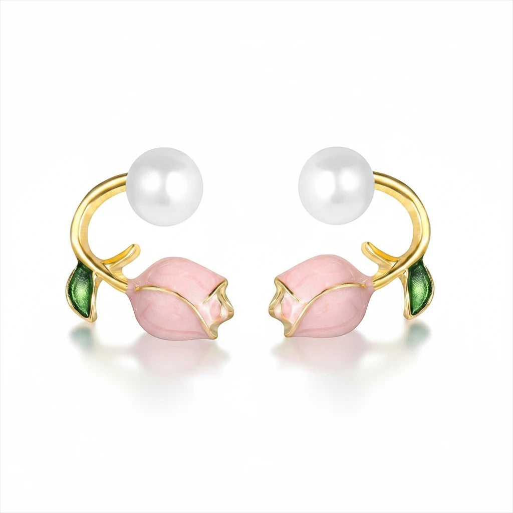 dazzle21 gold-tone tulip ear cuff earrings featuring pink enamel flowers, green leaves, and luminous faux pearls.