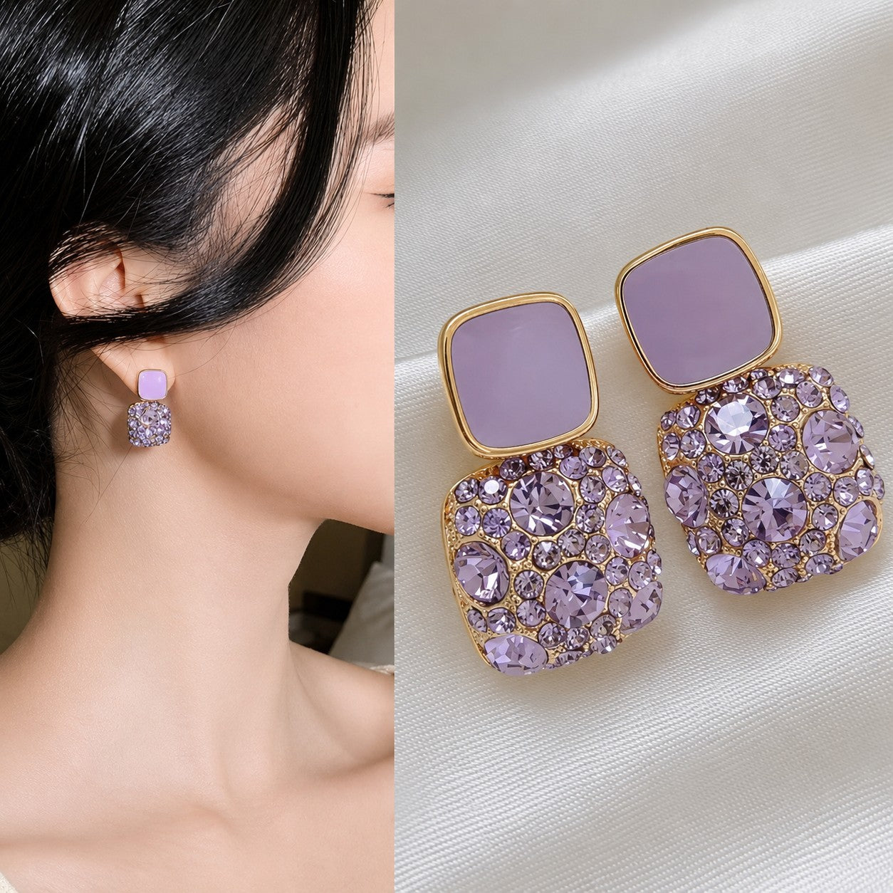 dazzle21 Korean style square earrings featuring purple enamel and sparkling cubic zirconia crystals in gold alloy