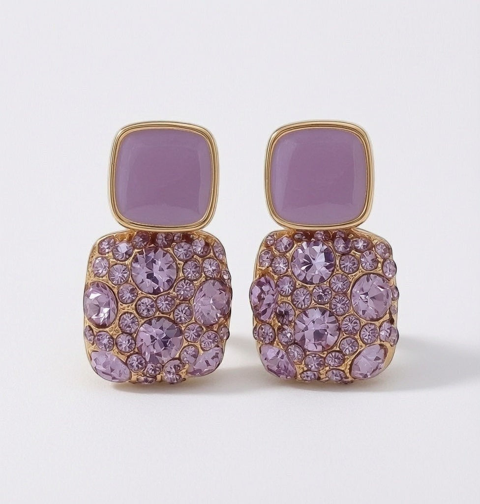 dazzle21 square stud earrings with purple enamel and lilac cubic zirconia stones set in gold-tone alloy