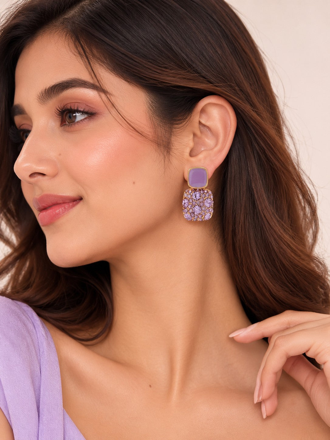 dazzle21 Korean style square stud earrings featuring purple enamel and lilac cubic zirconia on a gold-tone alloy base