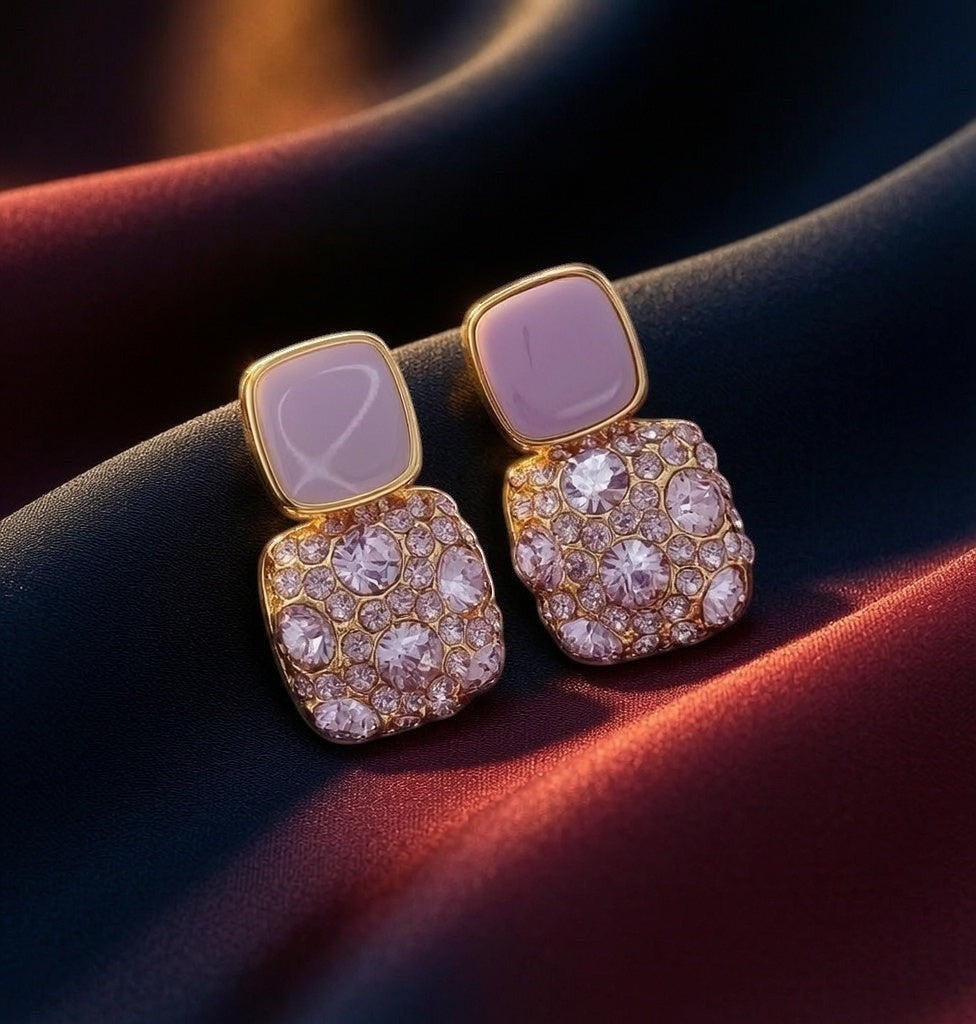 dazzle21 square stud earrings with purple enamel and lilac cubic zirconia stones set in gold-tone alloy