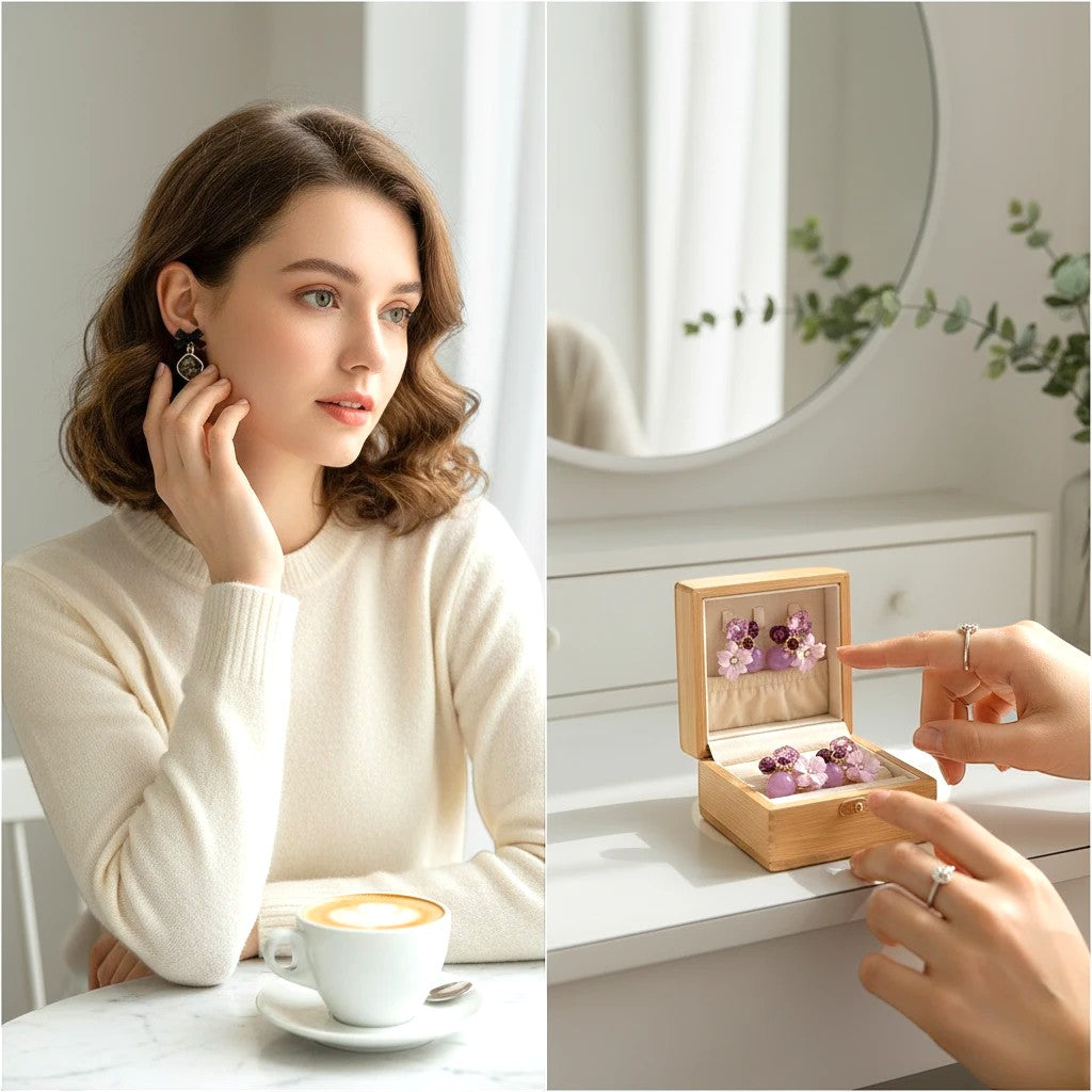 dazzle21 combo of purple rhinestone crystal stud earrings and black drop earrings worn by a woman with coffee