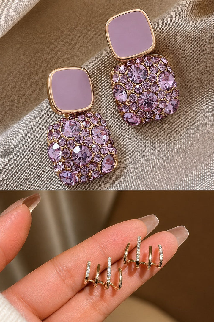 dazzle21 purple cubic zirconia alloy earrings with square enamel accents and gold-tone claw-style ear cuffs
