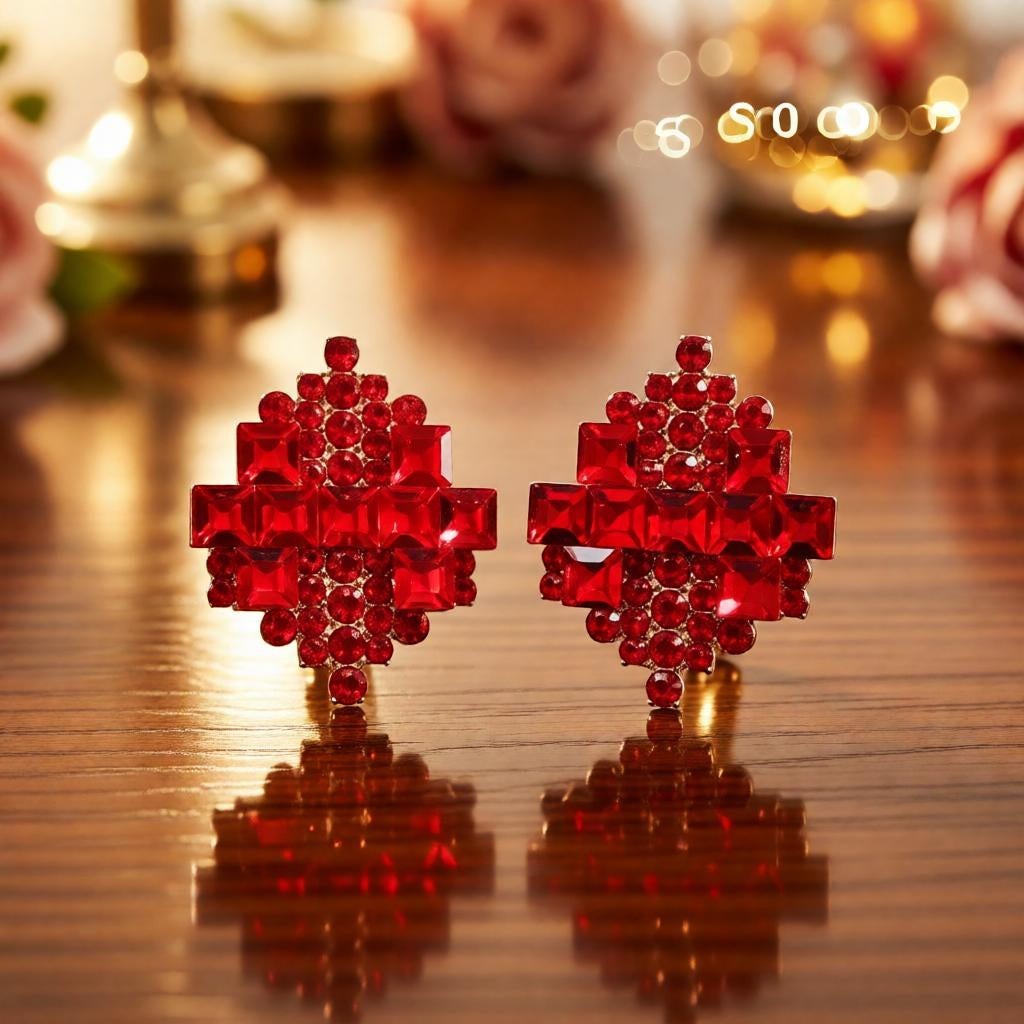 dazzle21 geometric stud earrings featuring vibrant red crystals in a layered design with a rose gold finish
