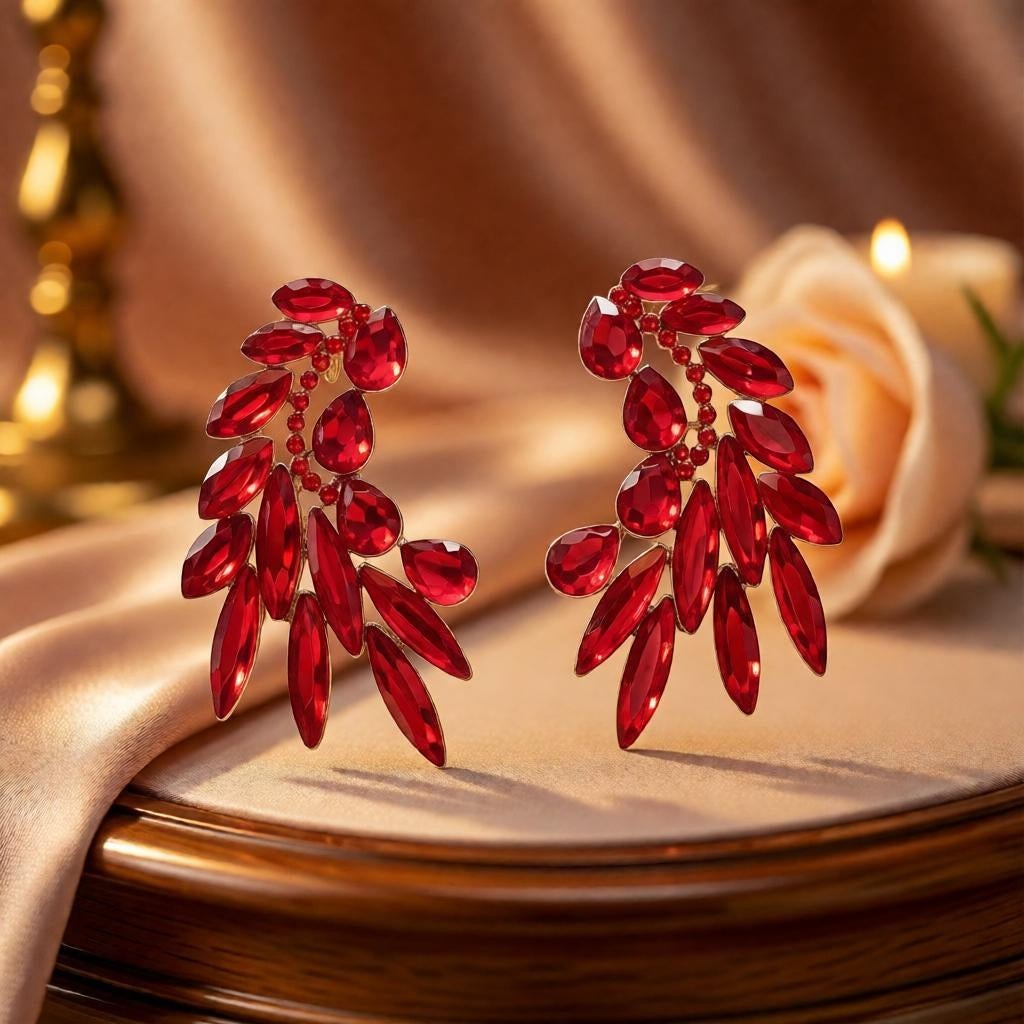 dazzle21 red crystal leaf-shaped statement stud earrings with a golden-tone finish for festive occasions