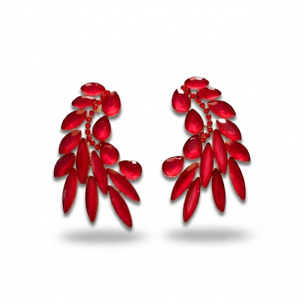 dazzle21 red crystal leaf-shaped statement stud earrings with a golden-tone finish for festive occasions