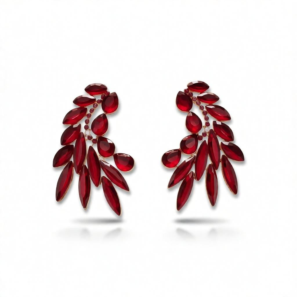 dazzle21 red crystal leaf-shaped statement stud earrings with a golden-tone finish for festive occasions