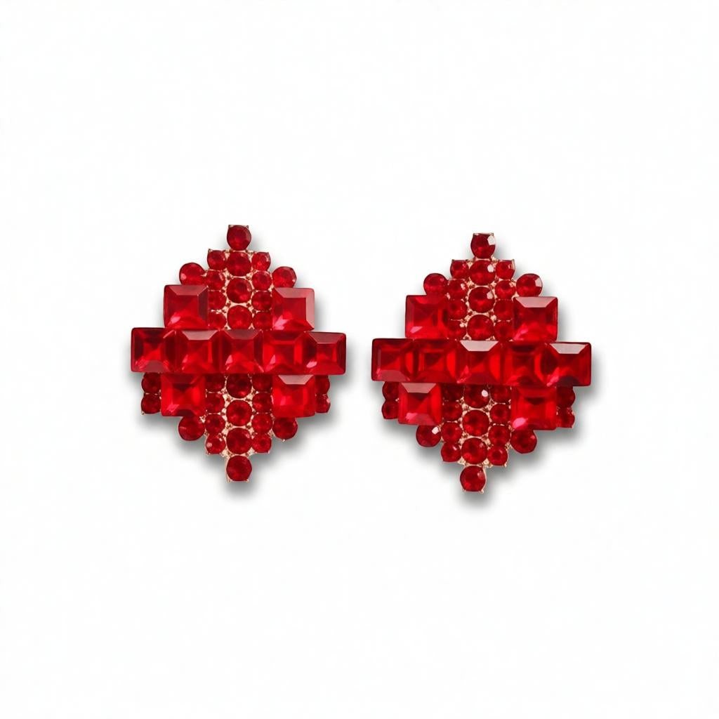 dazzle21 geometric stud earrings featuring layered red crystal stones in a rose gold finish for elegant party wear.