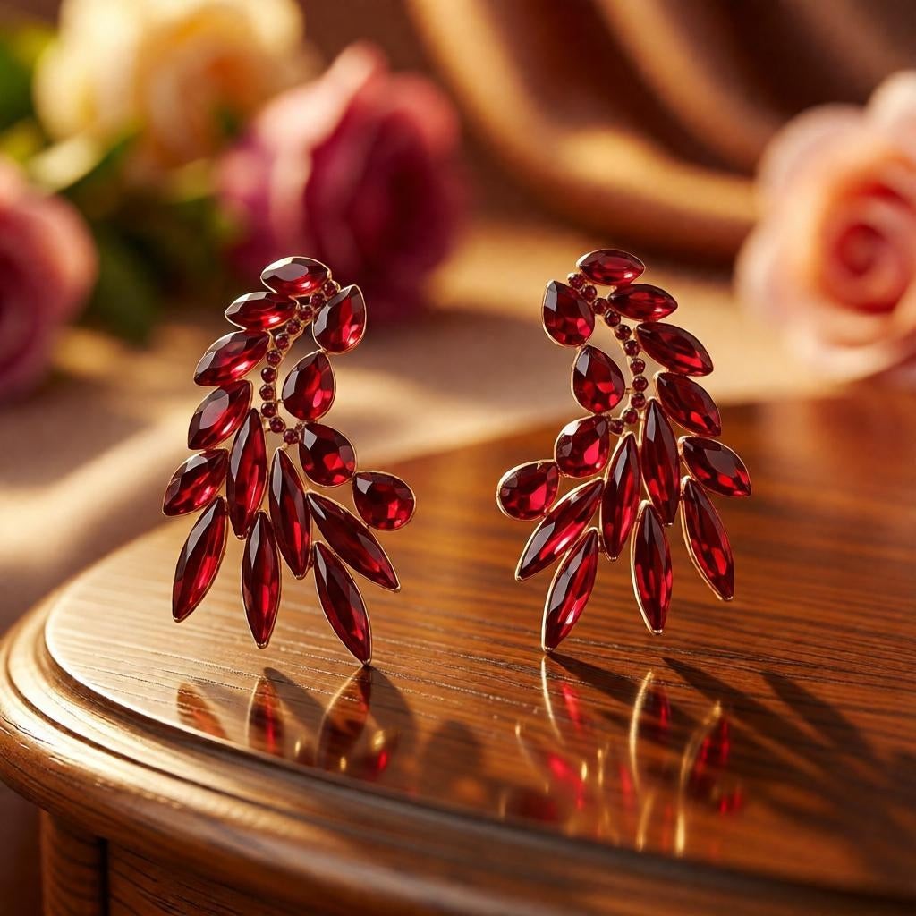 dazzle21 statement stud earrings featuring deep red leaf-shaped crystal stones in a golden-tone setting