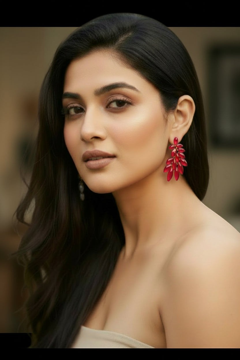 dazzle21 red leaf-shaped statement stud earrings worn by a woman with long dark hair for an elegant festive look