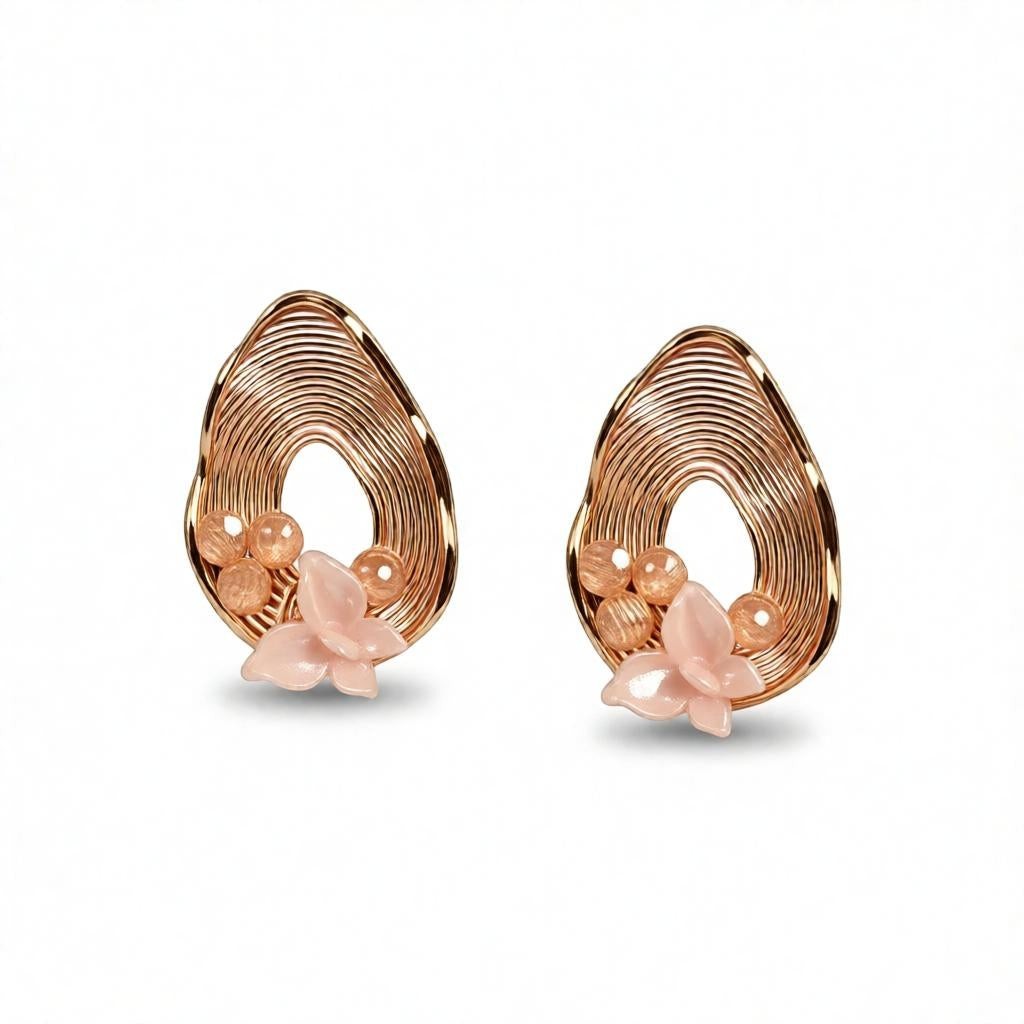 dazzle21 pear-shaped ribbed gold earrings with pink butterfly accents and pearl detailing for elegant styling