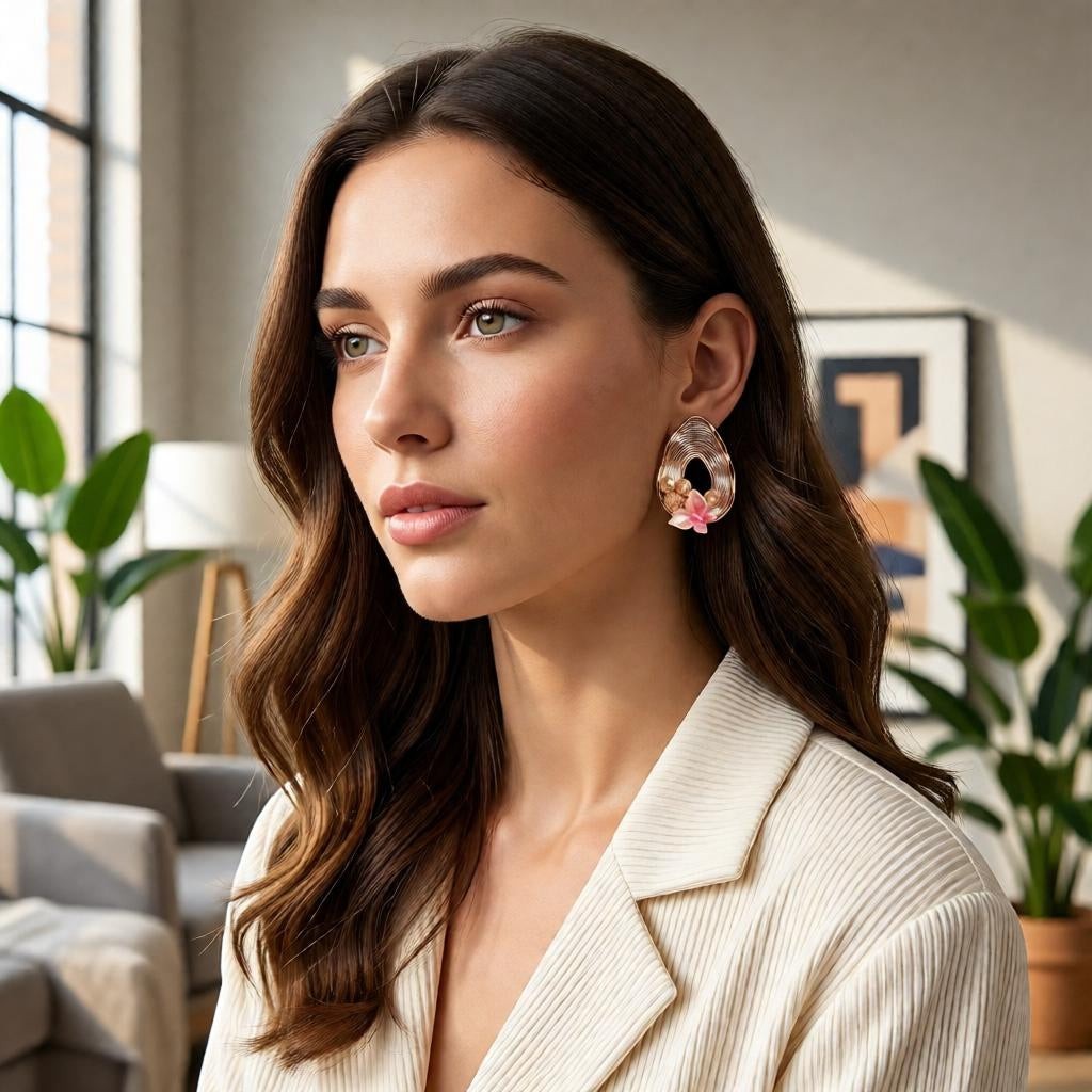 dazzle21 pear-shaped ribbed gold teardrop earrings with pearl and pink butterfly accents worn by a woman