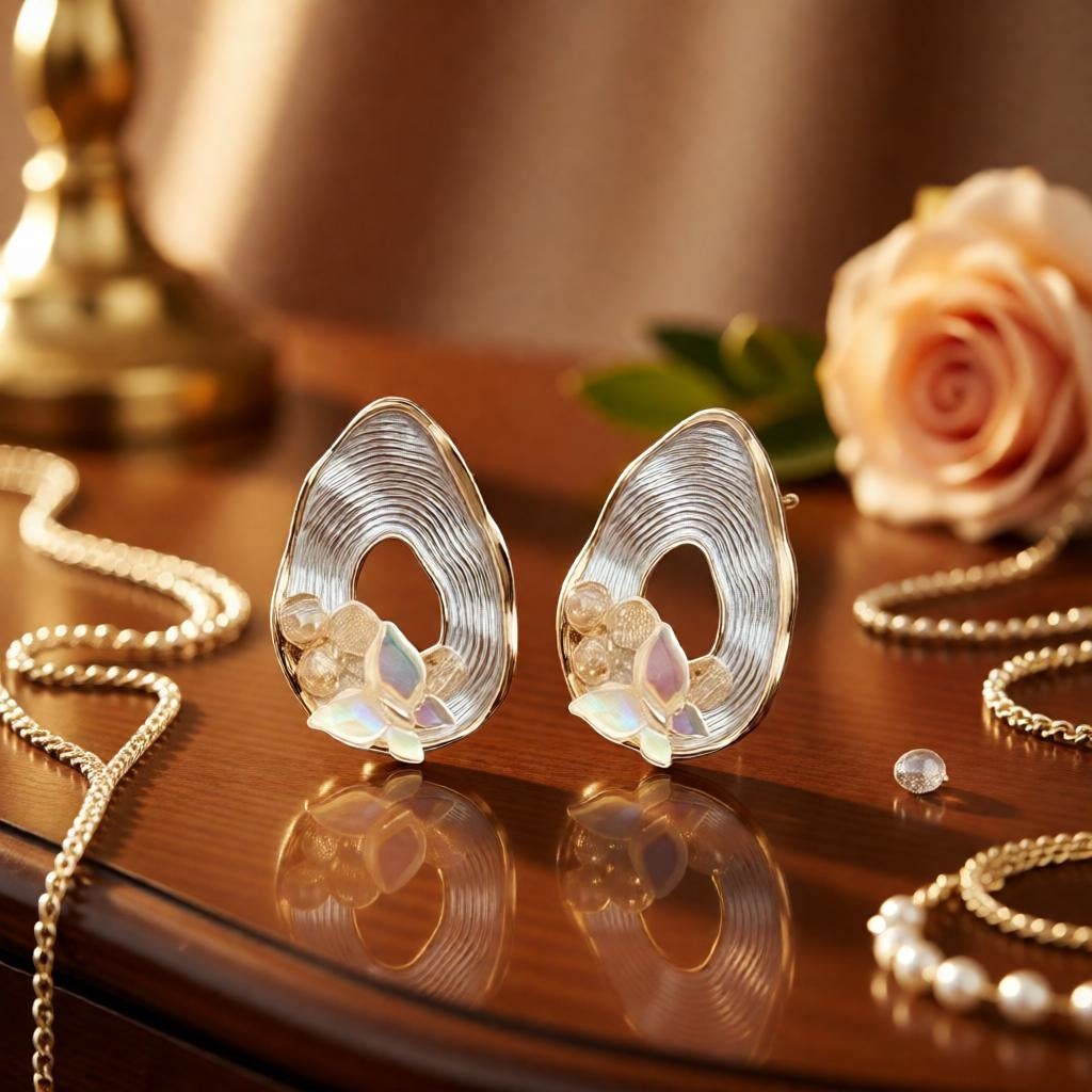 dazzle21 pear-shaped ribbed teardrop earrings with butterfly and pearl accents on a polished wooden surface