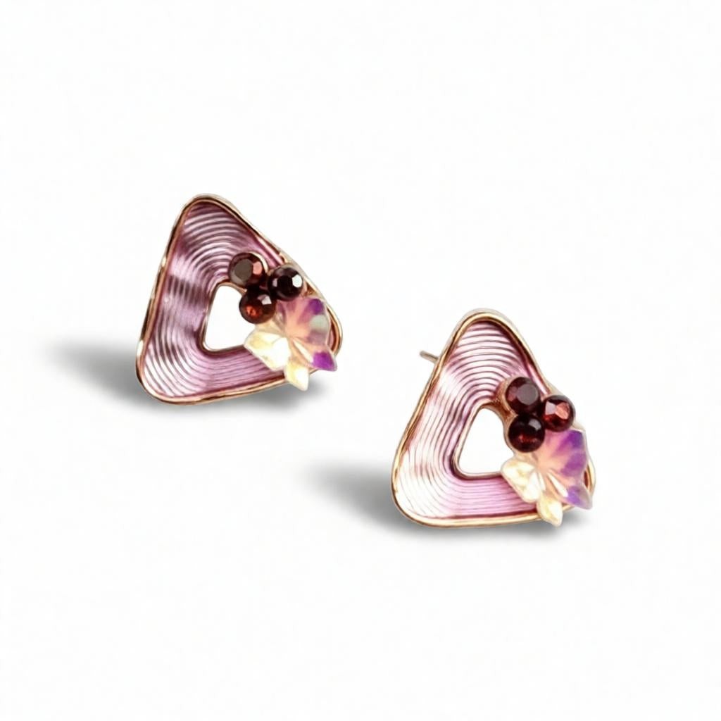 dazzle21 geometric triangle stud earrings with ribbed purple detail, dark red beads, and iridescent butterfly accents
