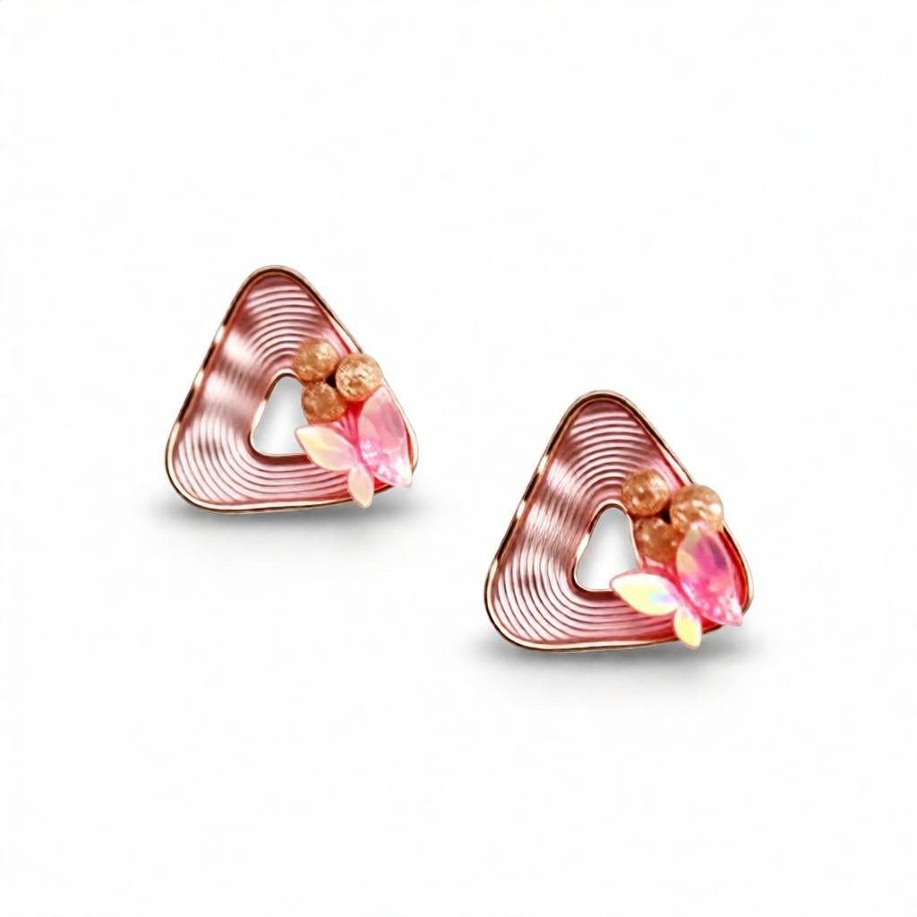 dazzle21 geometric triangle stud earrings with ribbed gold finish, peach pearls, and iridescent butterfly accents.