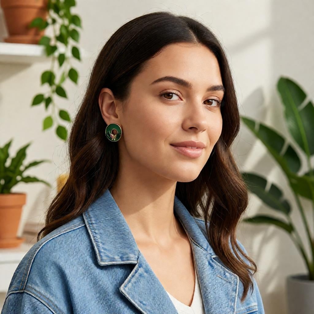 dazzle21 Blossom Glow rose gold stud earrings with a circular spiral and butterfly design worn by a smiling woman